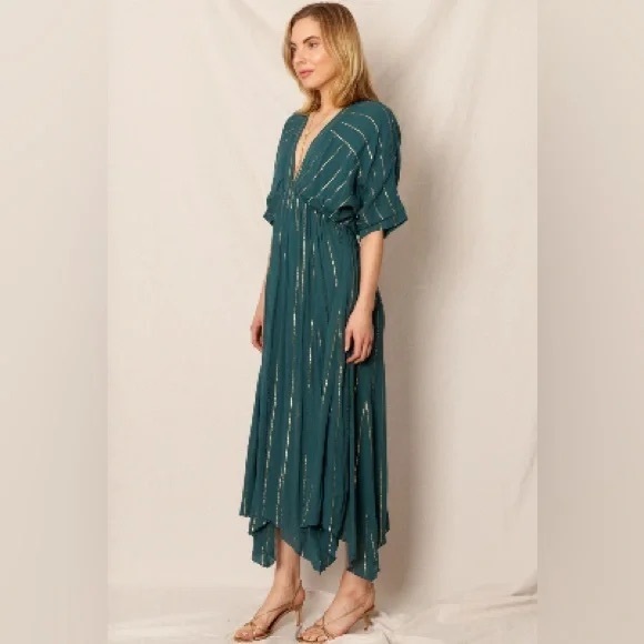 En Crème Sabrina Lurex Kimono Teal Maxi Dress with Silver Stripes -  M - Picture 2 of 10